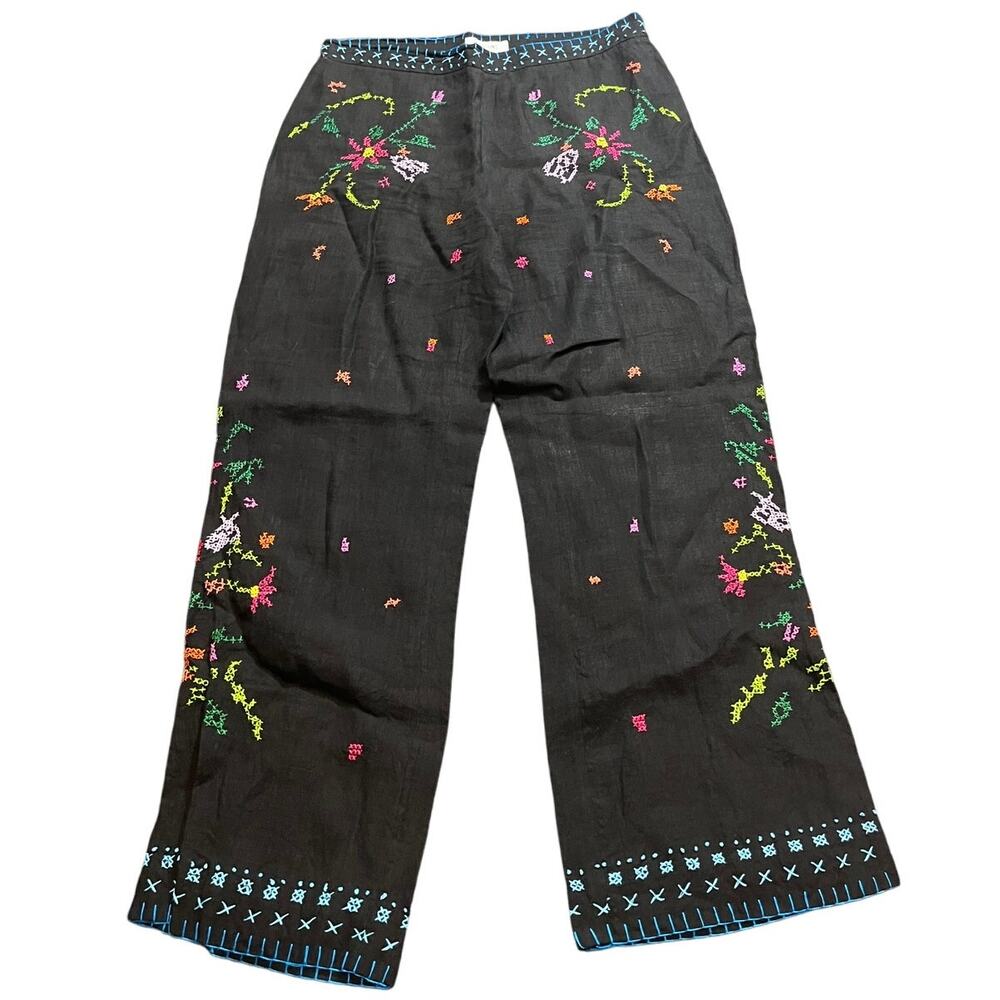 Moschino Floral Flower Embroidered Black 100% Linen Pants Womens Size 8